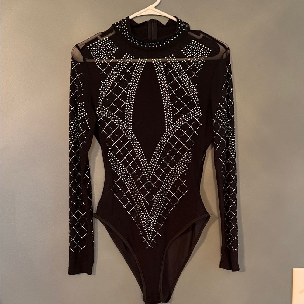 Black Long-Sleeve Rhinestone Bodysuit 0190